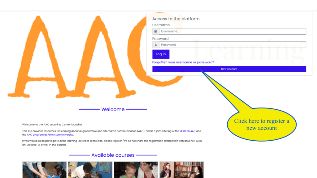 A screen capture image of the Home page for AAC Learning Center Moodle