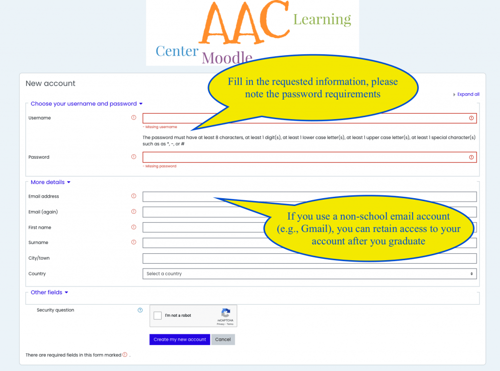 A screen capture image of the Registration page for the AAC Learning Center Moodle